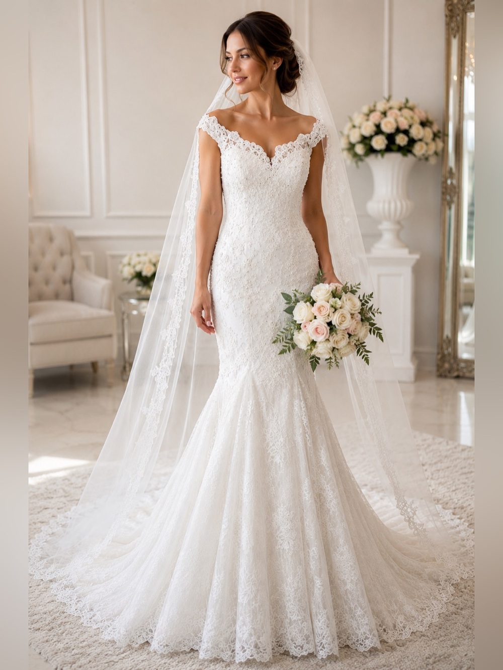 Royal Queen Collection Size 6 Beaded Lace Mermaid Wedding Dress with Veil